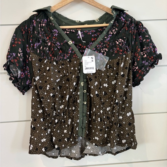 Free People Bella Button Up Blouse in Kelp Forrest Combo NWT - Picture 2 of 4